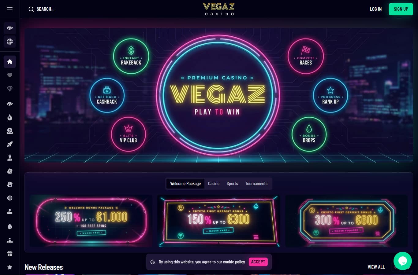 Startsida på vegazcasino.com 18 augusti 2026 med kasino, sport och daily drops