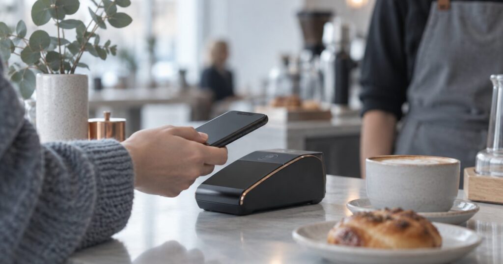 Mobil som hålls mot en betalterminal – Apple Pay på casino