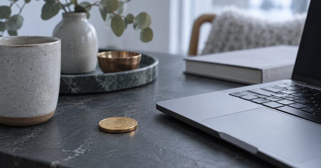 Guldfärgat mynt bredvid ett tangentbord – Bitcoin-casino utan svensk licens