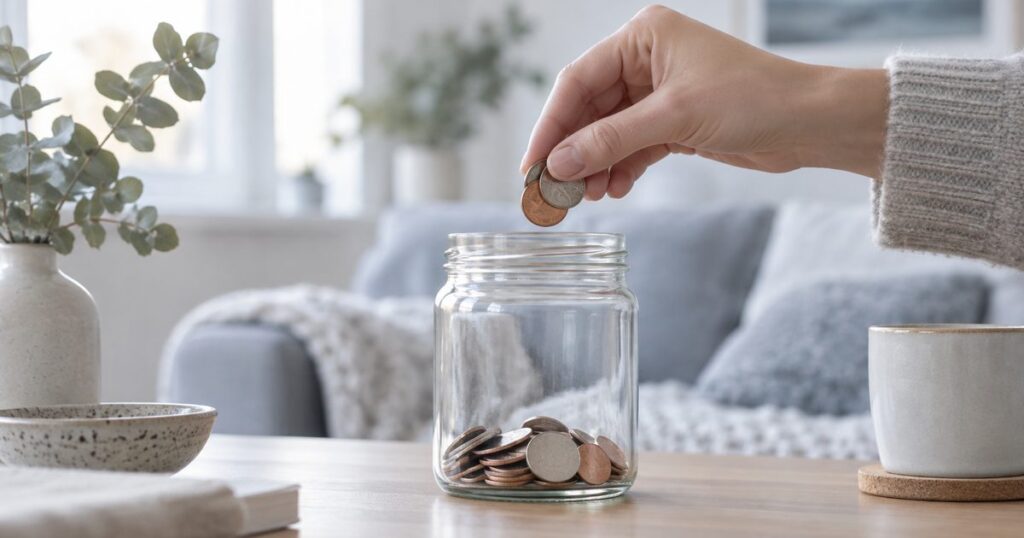Hand som lägger tillbaka mynt i en glasburk – cashback på casino
