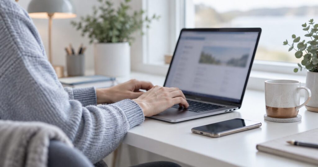 Händer som skriver på en laptop med mobil bredvid – Instant Banking