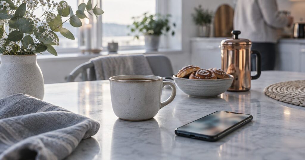 Mobil och kaffekopp på ett köksbord – Swish och utländska casinon