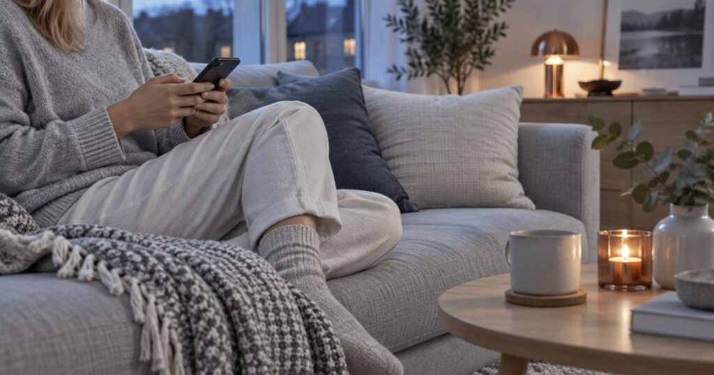 Person i soffan med mobilen – casino utan konto och registrering