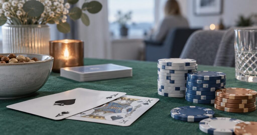 Spelkort och marker på ett grönt bord – blackjack utan svensk licens