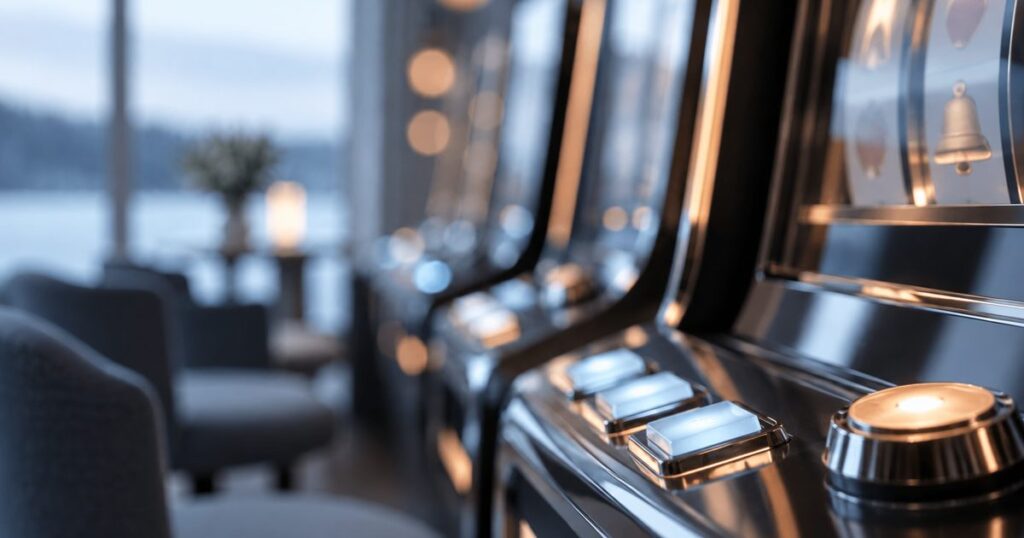 Lysande knappar på en spelautomat i mörker – slots utan svensk licens