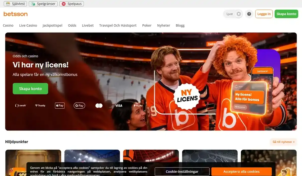 Startsidan hos Betsson, skärmbild 18 oktober 2026