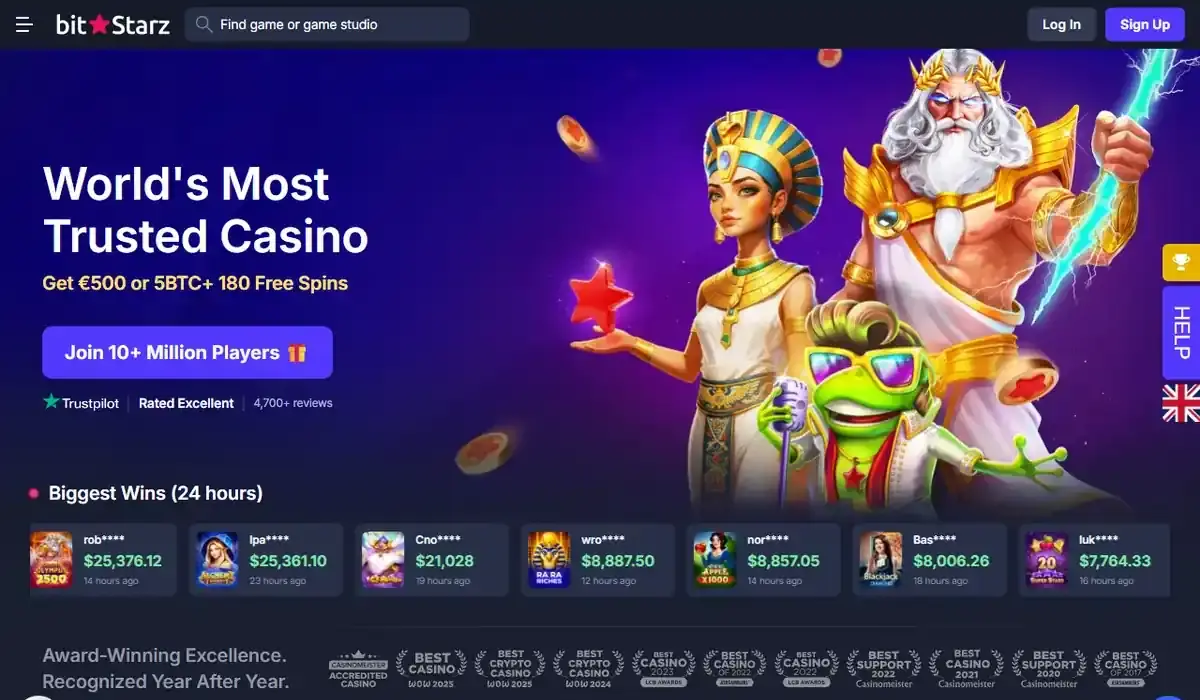 Startsidan hos BitStarz, skärmbild 18 oktober 2026