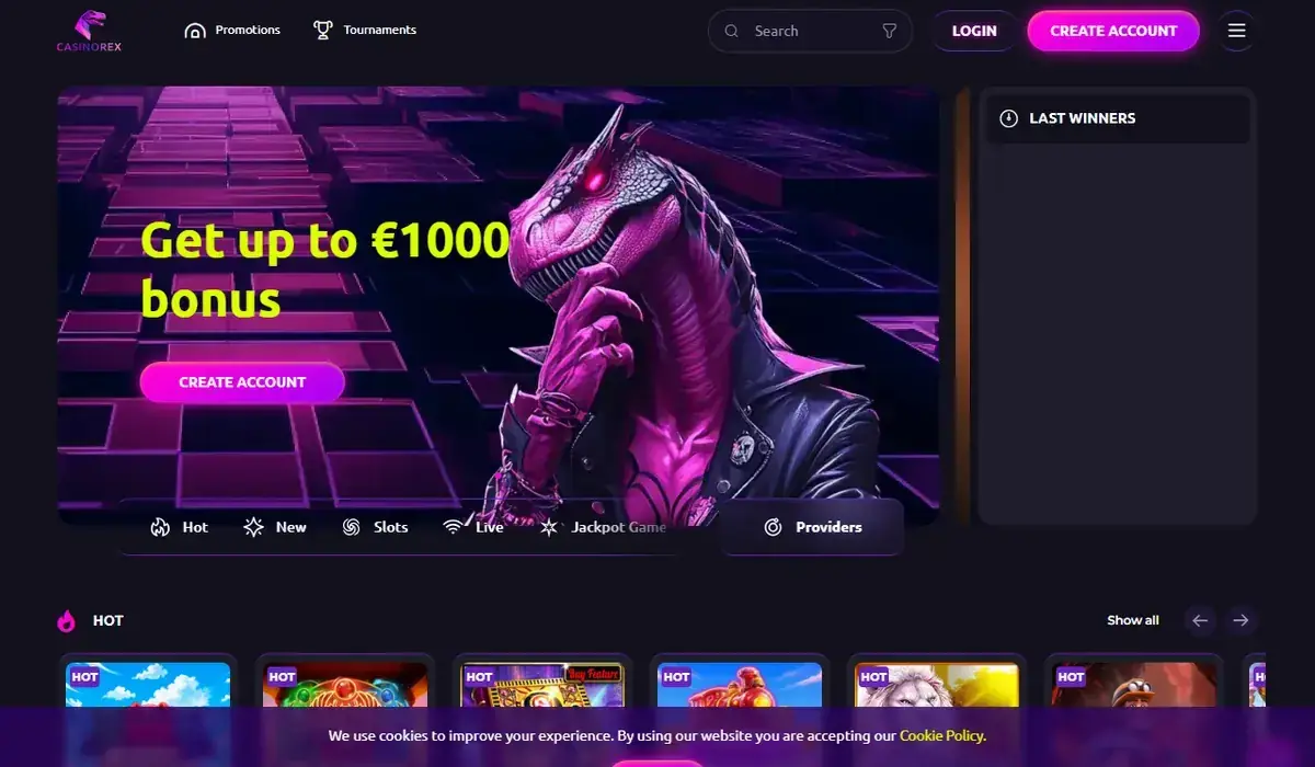 Startsidan hos Casino Rex, skärmbild 18 oktober 2026
