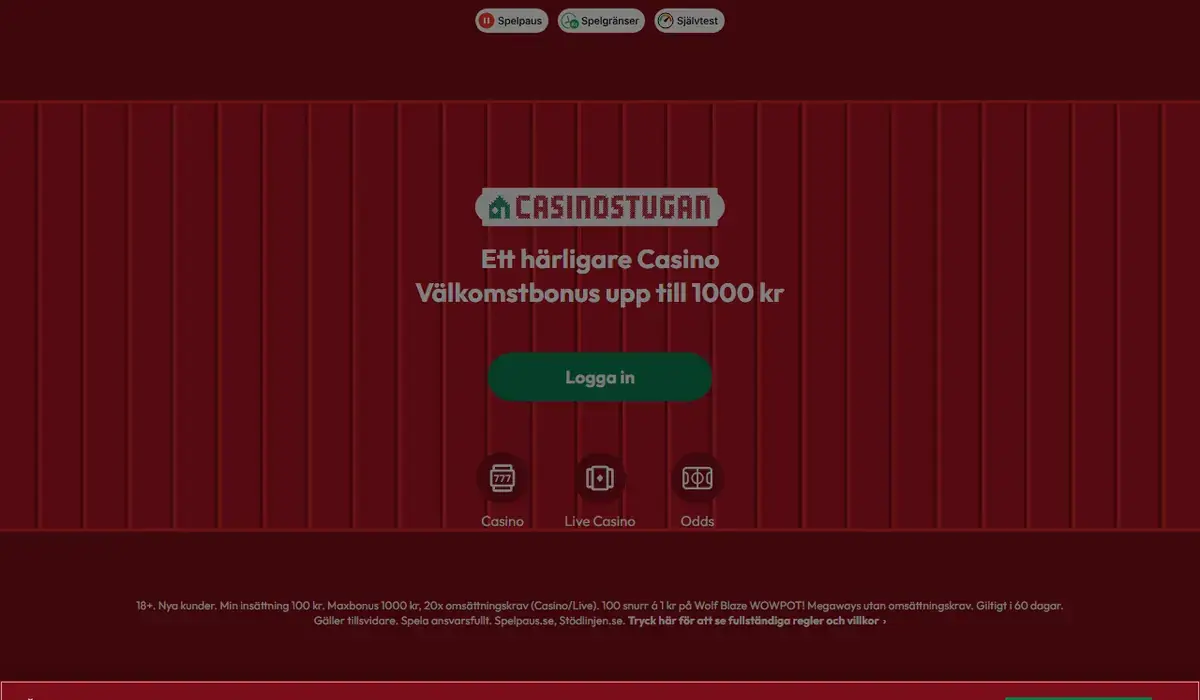 Startsidan hos Casinostugan, skärmbild 18 oktober 2026