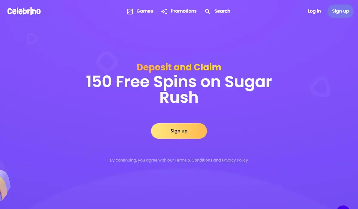 Startsidan hos Celebrino Casino, skärmbild 18 oktober 2026