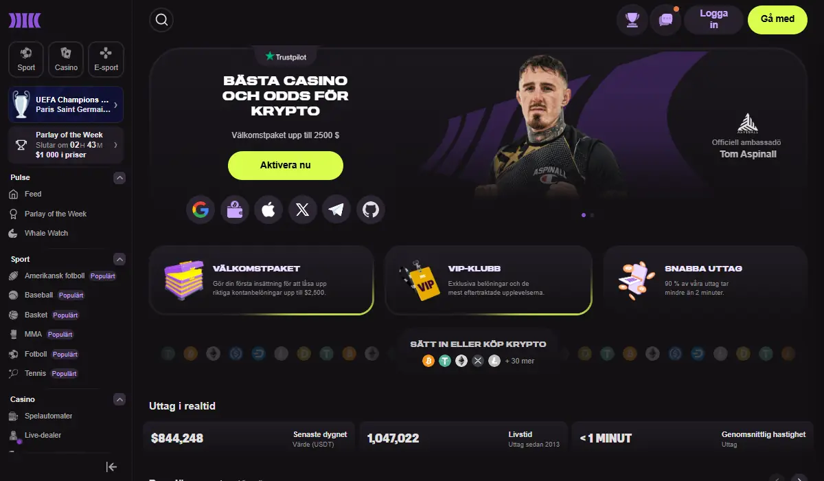 Startsidan hos Cloudbet, skärmbild 19 oktober 2026