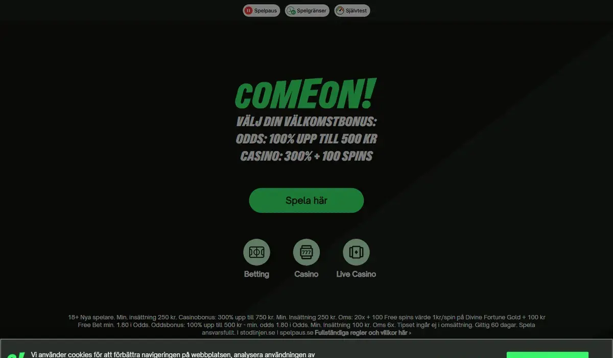 Startsidan hos ComeOn, skärmbild 18 oktober 2026