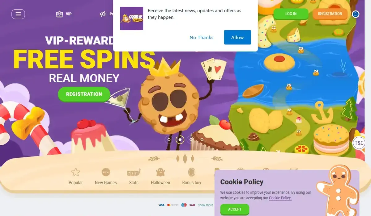 Startsidan hos Cookie Casino, skärmbild 18 oktober 2026