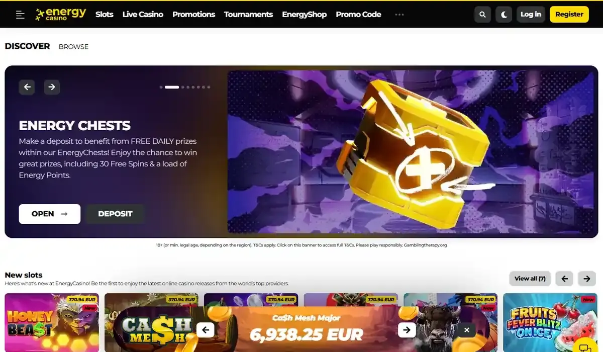 Startsidan hos EnergyCasino, skärmbild 18 oktober 2026