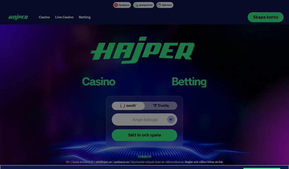 Startsidan hos Hajper, skärmbild 18 oktober 2026