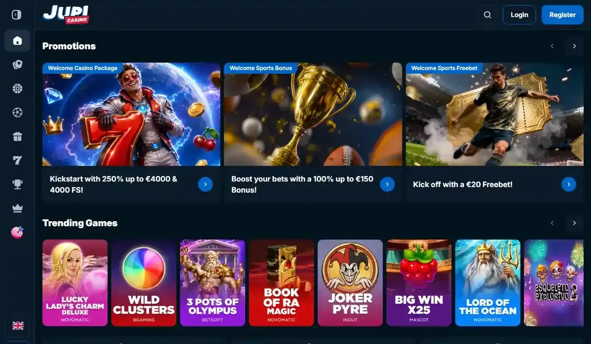 Startsidan hos Jupi Casino, skärmbild 18 oktober 2026