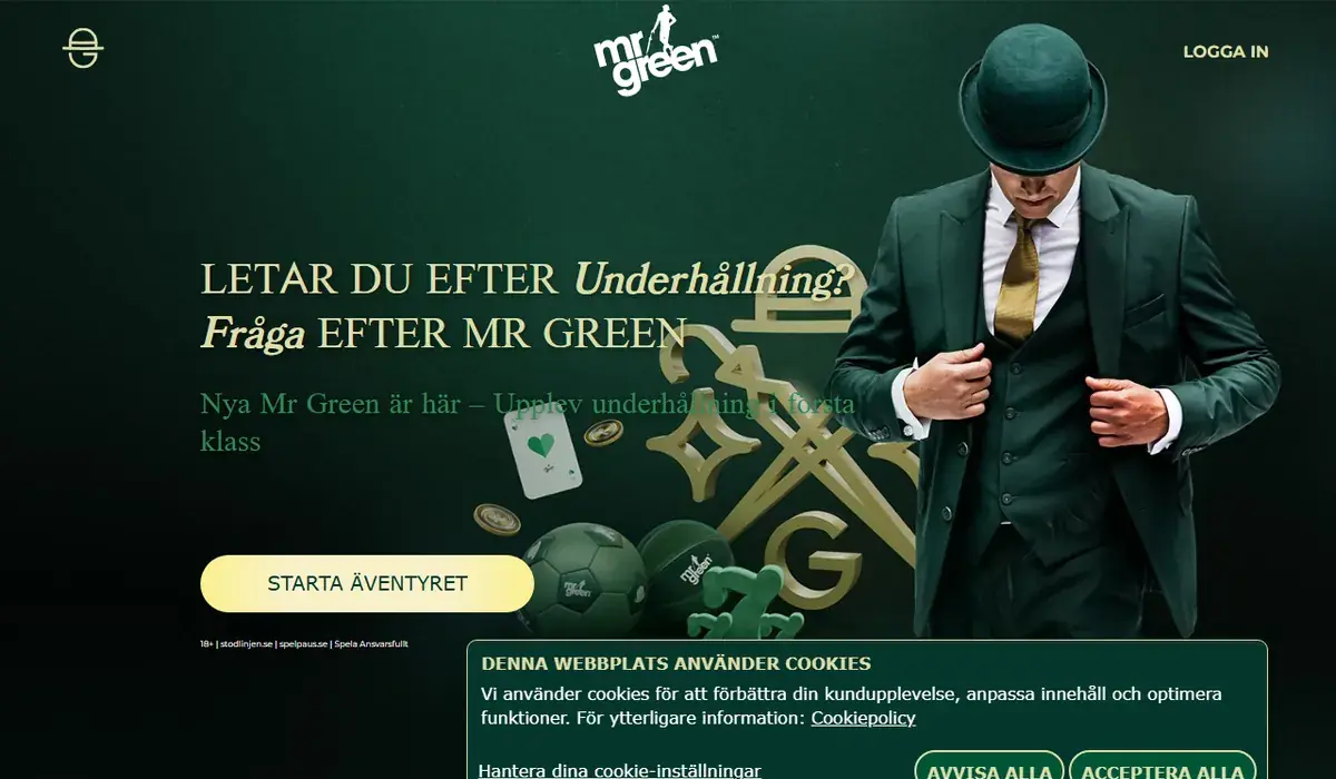 Startsidan hos Mr Green, skärmbild 18 oktober 2026