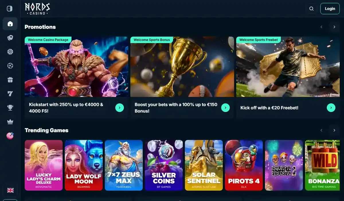 Startsidan hos Nords Casino, skärmbild 18 oktober 2026