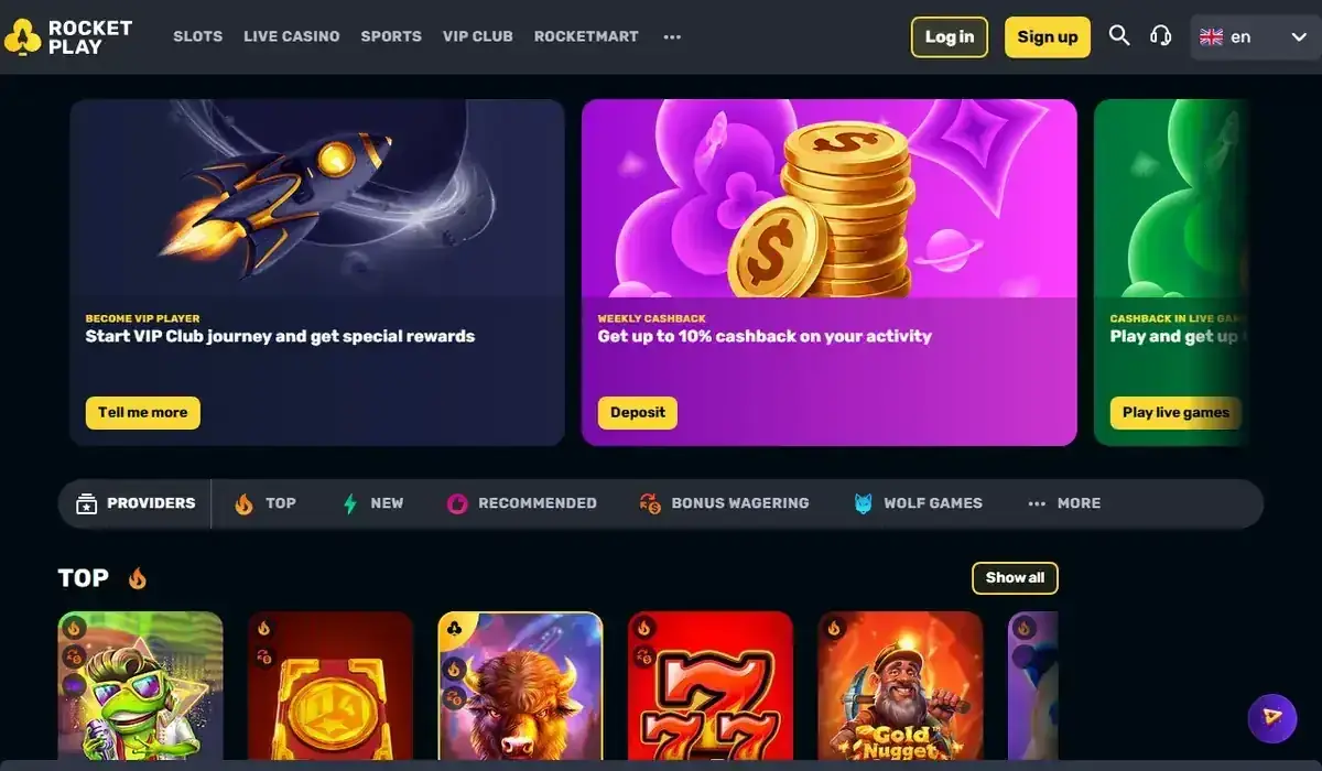 Startsidan hos RocketPlay, skärmbild 18 oktober 2026