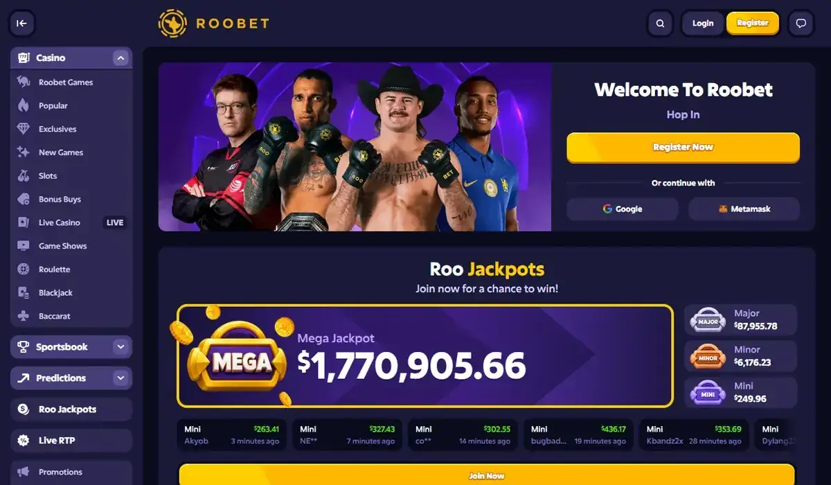 Startsidan hos Roobet, skärmbild 18 oktober 2026