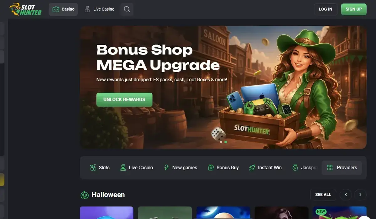 Startsidan hos Slot Hunter, skärmbild 18 oktober 2026