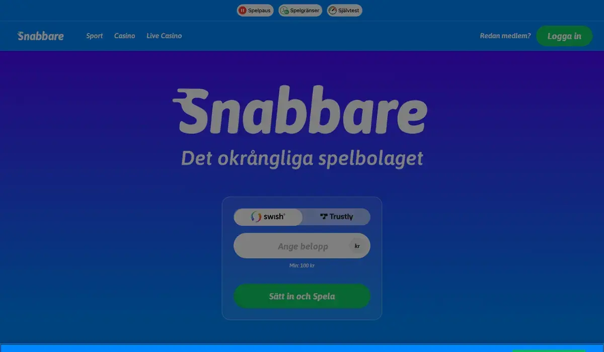 Startsidan hos Snabbare, skärmbild 18 oktober 2026