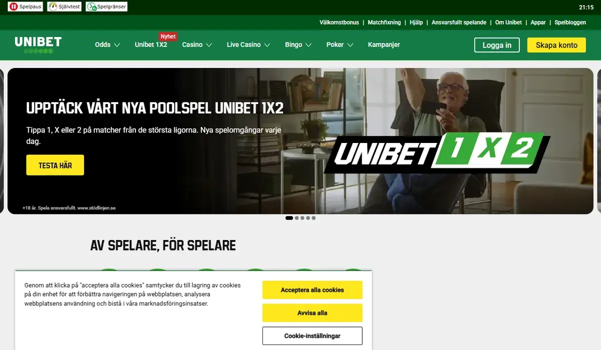 Startsidan hos Unibet, skärmbild 18 oktober 2026